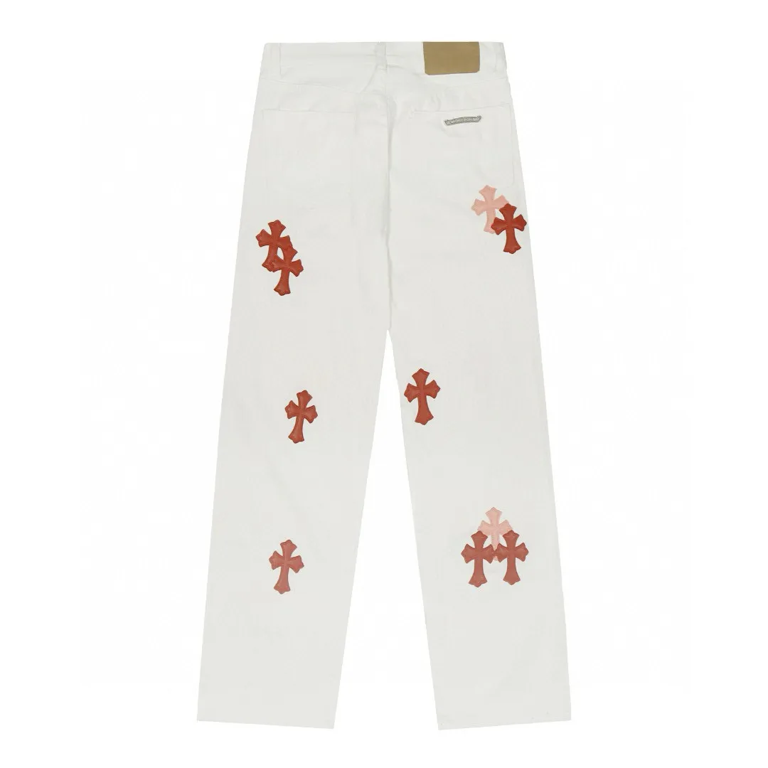 P230 💰 (Top version) Chrome Hearts/Chrome Hearts Classic white powder series colored leather cross washed color cloth unisex denim trousers Vibe style straight stacked god-level version Carbon fine bias denim color cloth Old vintage full set of hardware - Chrome Hearts white cow series The high version uses high-ounce customized fabrics, fermentation washing and soft color fixation, soft and thick to wear, the details are all made by hand-polished craftsmanship, all-over printed jacquard fabric Unique design style. Through multiple processes to create a full retro feel. Unique niche non-contrast shirt. Customized distressed spray-painted buttons. Craftsmanship in every detail. Color: white powder. Size: 28-30-32-34 (corresponding to S-M-L-XL)